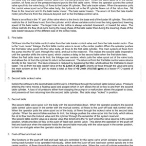May include: A detailed diagram of a hydraulic system, including descriptions of the bale loader, first table, second table lockout valve, second table, and push-off feet and load rack. Text includes measurements in US gpm and RPM.