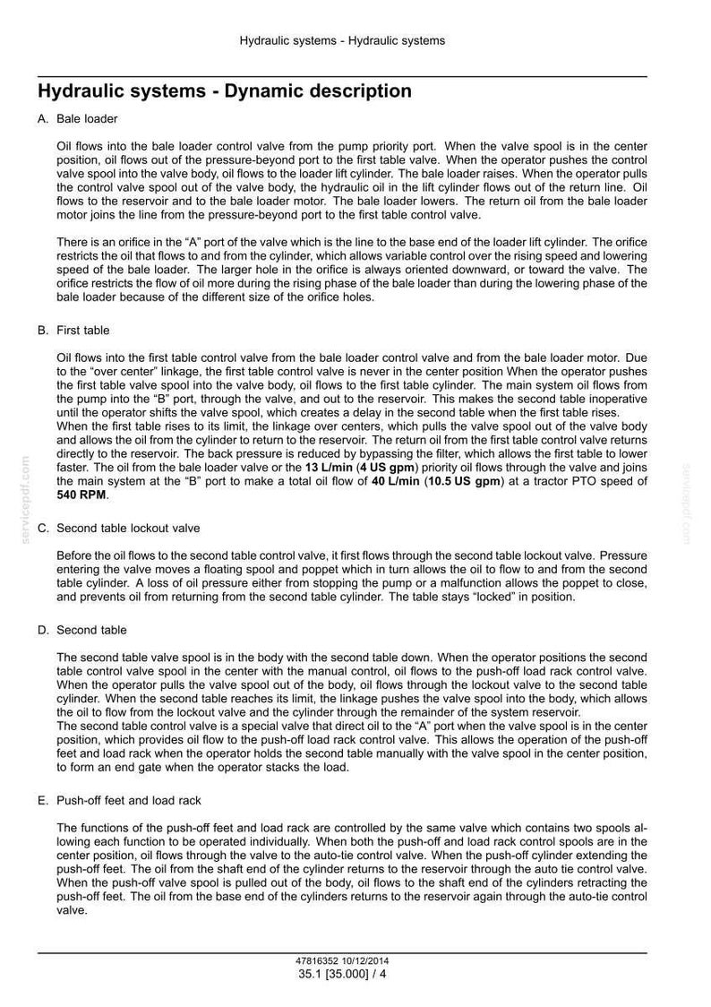 May include: A detailed diagram of a hydraulic system, including descriptions of the bale loader, first table, second table lockout valve, second table, and push-off feet and load rack. Text includes measurements in US gpm and RPM.