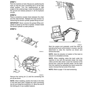 K&ouml;nnte beinhalten: Diagramm aus einem Handbuch, das den Aus- und Einbau von Stahlketten detailliert. Das Bild enth&auml;lt Illustrationen von Maschinenkomponenten, Schritt-f&uuml;r-Schritt-Anleitungen und Sicherheitshinweise. Der Text enth&auml;lt "STEEL TRACKS" und "Removal and installation."