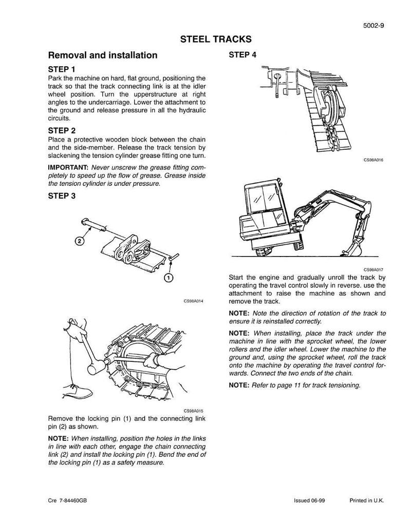 K&ouml;nnte beinhalten: Diagramm aus einem Handbuch, das den Aus- und Einbau von Stahlketten detailliert. Das Bild enth&auml;lt Illustrationen von Maschinenkomponenten, Schritt-f&uuml;r-Schritt-Anleitungen und Sicherheitshinweise. Der Text enth&auml;lt "STEEL TRACKS" und "Removal and installation."