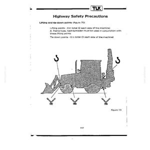 May include: A technical manual page titled Highway Safety Precautions featuring a black and white line drawing of a construction vehicle. The diagram illustrates lifting and tie-down points with arrows and hooks, labeled as figure 70 on page 147.