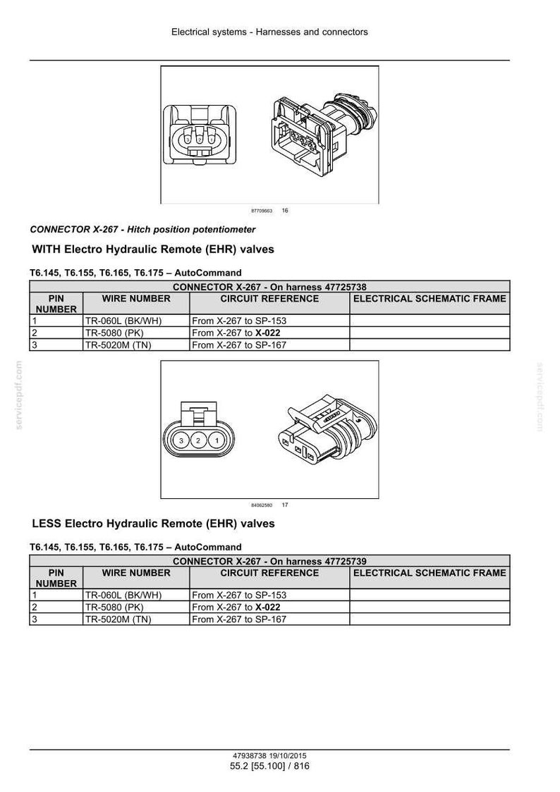 May include: Diagram of electrical connectors and wiring schematics for electro-hydraulic remote (EHR) valves. Includes pin numbers, wire numbers, and circuit references. The image shows detailed illustrations of the connectors.