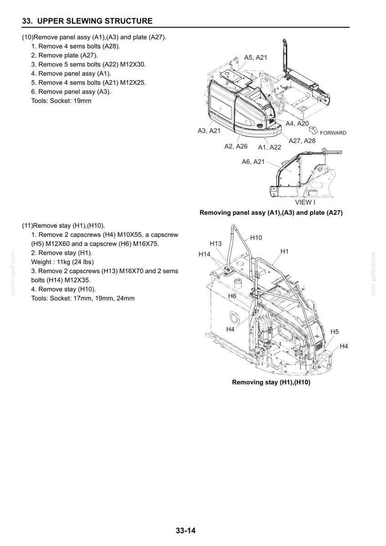 Peut inclure: Sch&eacute;ma technique de la structure de pivotement sup&eacute;rieur avec instructions de d&eacute;montage. Comprend des mesures en kilogrammes et millim&egrave;tres. Le texte inclut les tailles de douilles en mm.