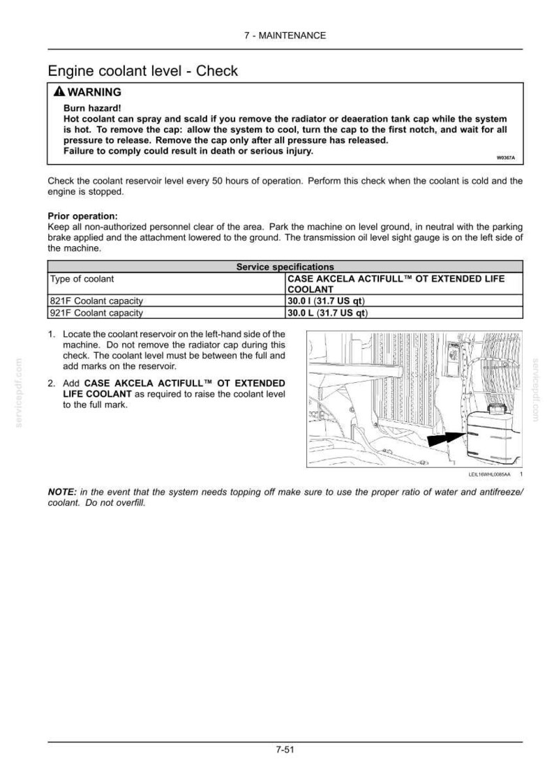 May include: Page from a maintenance manual detailing engine coolant level checks. Includes a warning about burn hazards, instructions, and specifications for CASE AKCELA ACTIFULL OT EXTENDED LIFE COOLANT. Measurements are in US quarts.
