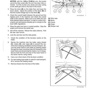 Puede incluir: Diagrama que ilustra las operaciones de transporte de maquinaria pesada. La imagen muestra una excavadora asegurada a un remolque con cadenas, cables de acero y calzos. Las instrucciones detallan la fijaci&oacute;n de la m&aacute;quina, incluyendo el uso de bloques y esteras de goma.
