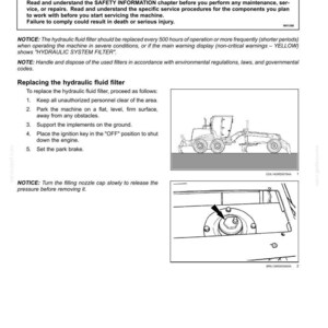 May include: A page from a maintenance manual detailing the replacement of a hydraulic filter. The image includes a diagram of a machine and instructions, with a warning about potential injury if the procedures are not followed.