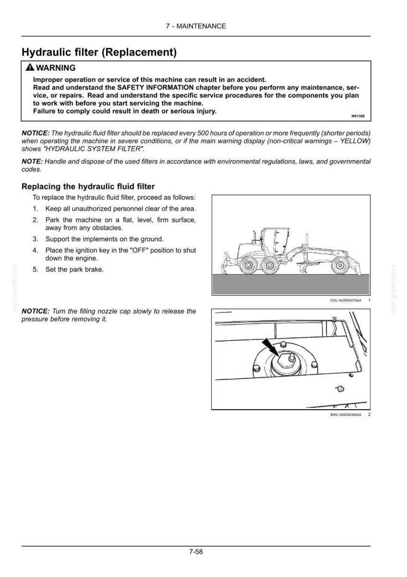May include: A page from a maintenance manual detailing the replacement of a hydraulic filter. The image includes a diagram of a machine and instructions, with a warning about potential injury if the procedures are not followed.