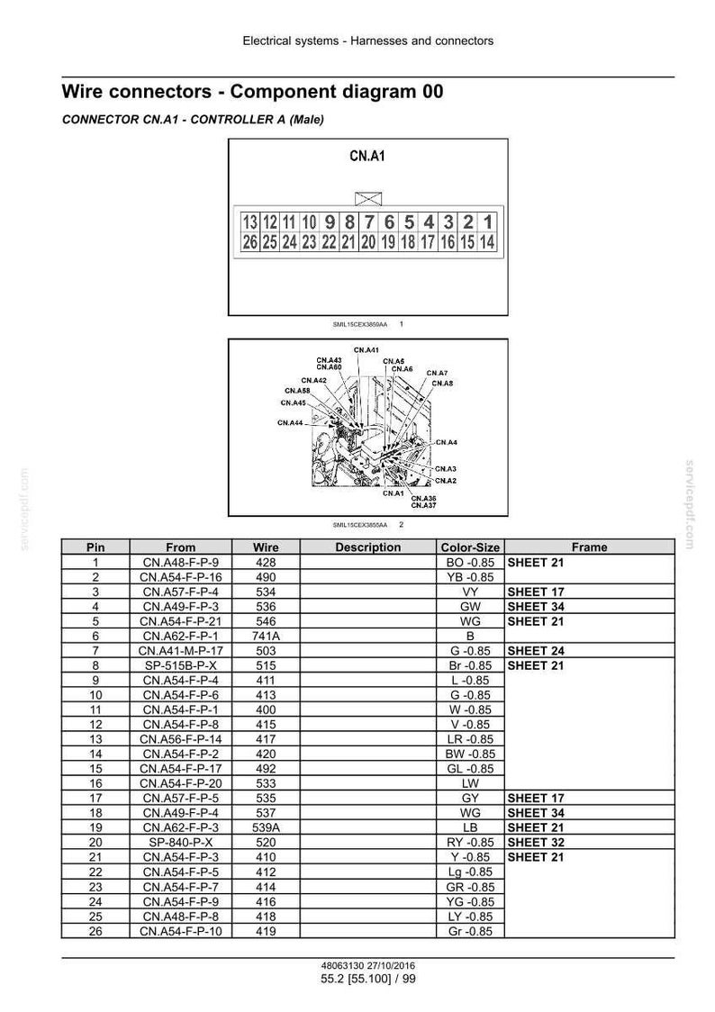 May include: Component diagram for wire connectors, featuring a detailed schematic of connector CN.A1. Includes a table with pin numbers, wire descriptions, and color-size specifications. The diagram is for electrical systems and harnesses.