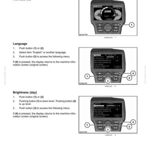 May include: Diagram of a machine control panel with a screen displaying various settings. The panel has buttons labeled 1, 2, 3, and 4. The screen shows options for language and brightness adjustment.