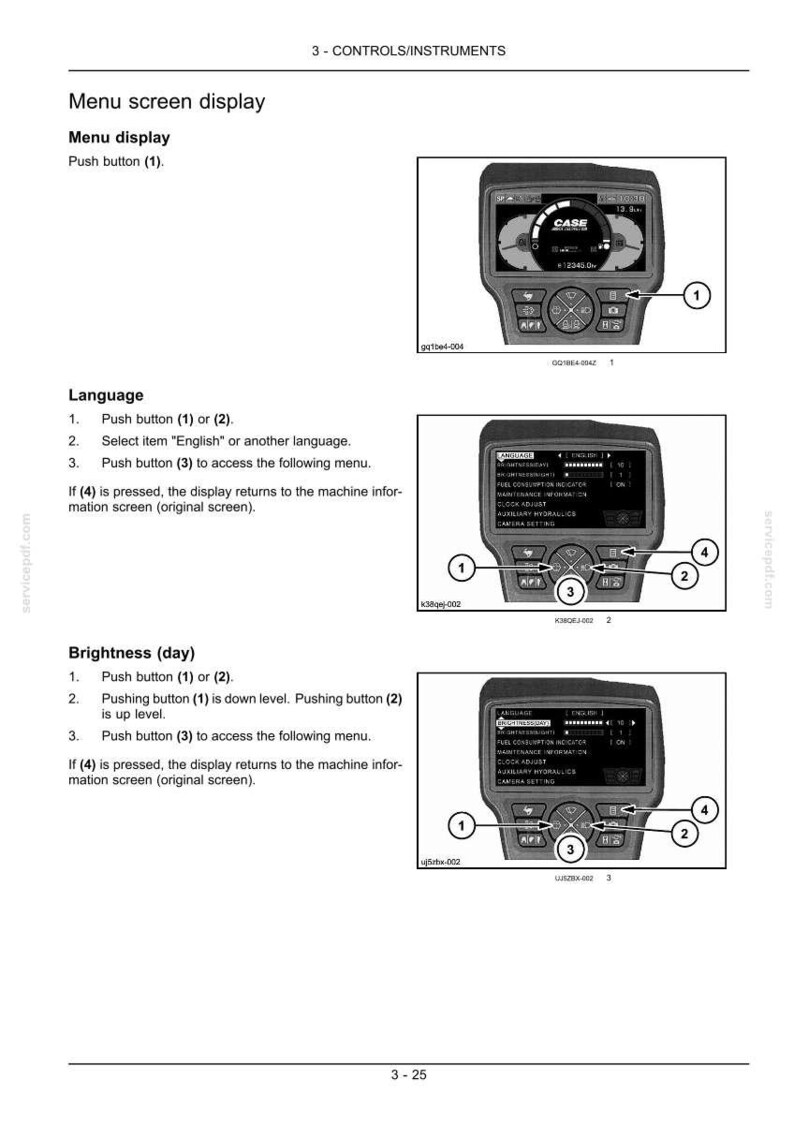 May include: Diagram of a machine control panel with a screen displaying various settings. The panel has buttons labeled 1, 2, 3, and 4. The screen shows options for language and brightness adjustment.
