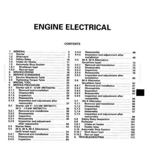 May include: A black and white technical manual page titled ENGINE ELECTRICAL, listing contents for starters, alternators, safety relays, and intake air heaters with corresponding page numbers ranging from 2 to 112, marked with page number 16.