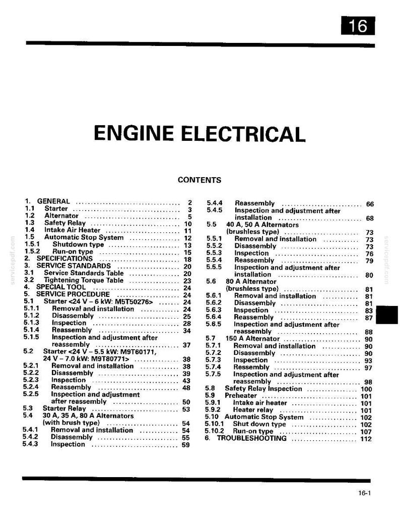 May include: A black and white technical manual page titled ENGINE ELECTRICAL, listing contents for starters, alternators, safety relays, and intake air heaters with corresponding page numbers ranging from 2 to 112, marked with page number 16.