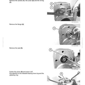 May include: Diagram illustrating the disassembly of an output shaft, with numbered steps and close-up views of the components. The text includes instructions for removing screws, the cover, O-ring, flange, seal, and pinion. The image is a technical illustration.