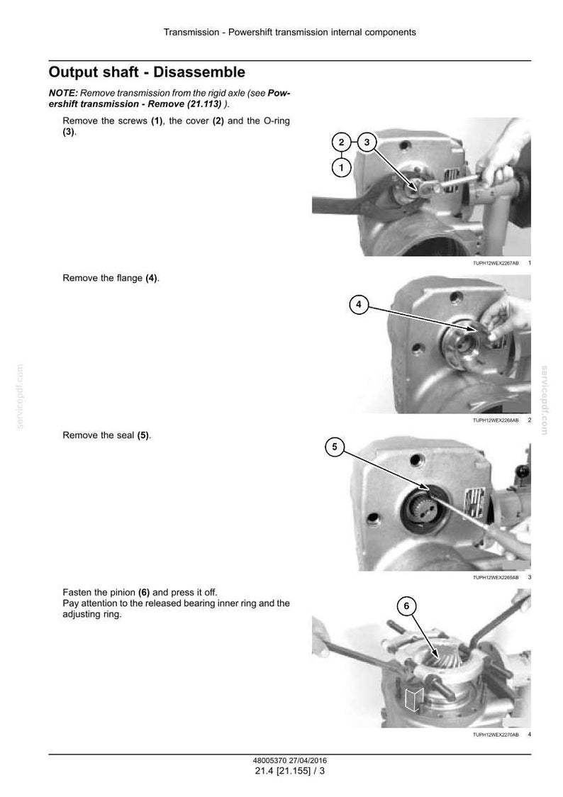 May include: Diagram illustrating the disassembly of an output shaft, with numbered steps and close-up views of the components. The text includes instructions for removing screws, the cover, O-ring, flange, seal, and pinion. The image is a technical illustration.