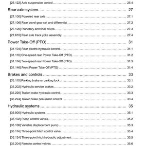 May include: A detailed technical document with a white background, listing various mechanical components. Sections include 'Powered front axle,' 'Rear axle system,' 'Power Take-Off (PTO),' 'Brakes and controls,' and 'Hydraulic systems.' The document is dated 22/02/2018.