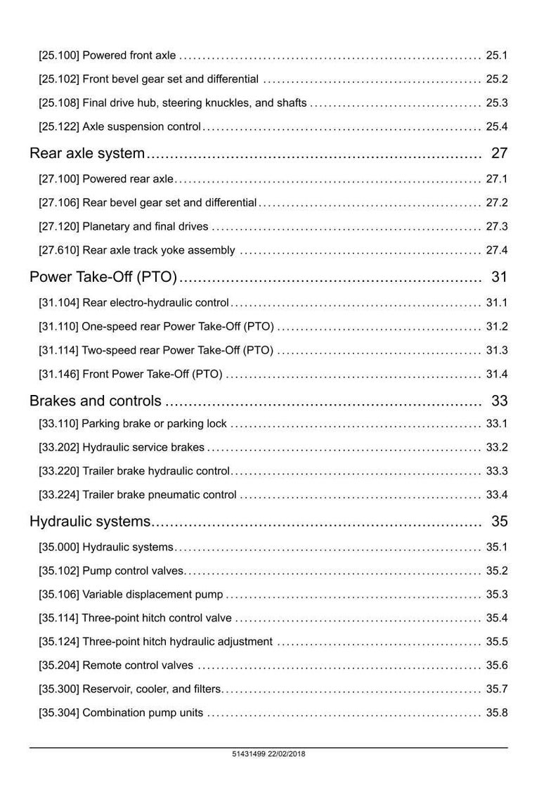 May include: A detailed technical document with a white background, listing various mechanical components. Sections include 'Powered front axle,' 'Rear axle system,' 'Power Take-Off (PTO),' 'Brakes and controls,' and 'Hydraulic systems.' The document is dated 22/02/2018.