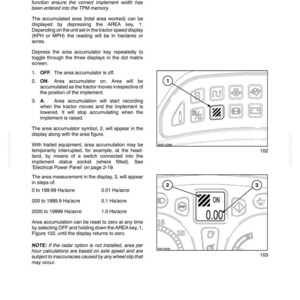 May include: A technical manual page titled SECTION 2 - CONTROLS, INSTRUMENTS, AND OPERATION, detailing the Area Accumulator function. It includes two diagrams showing a control panel button labelled 1 and a digital display labelled 2 and 3.