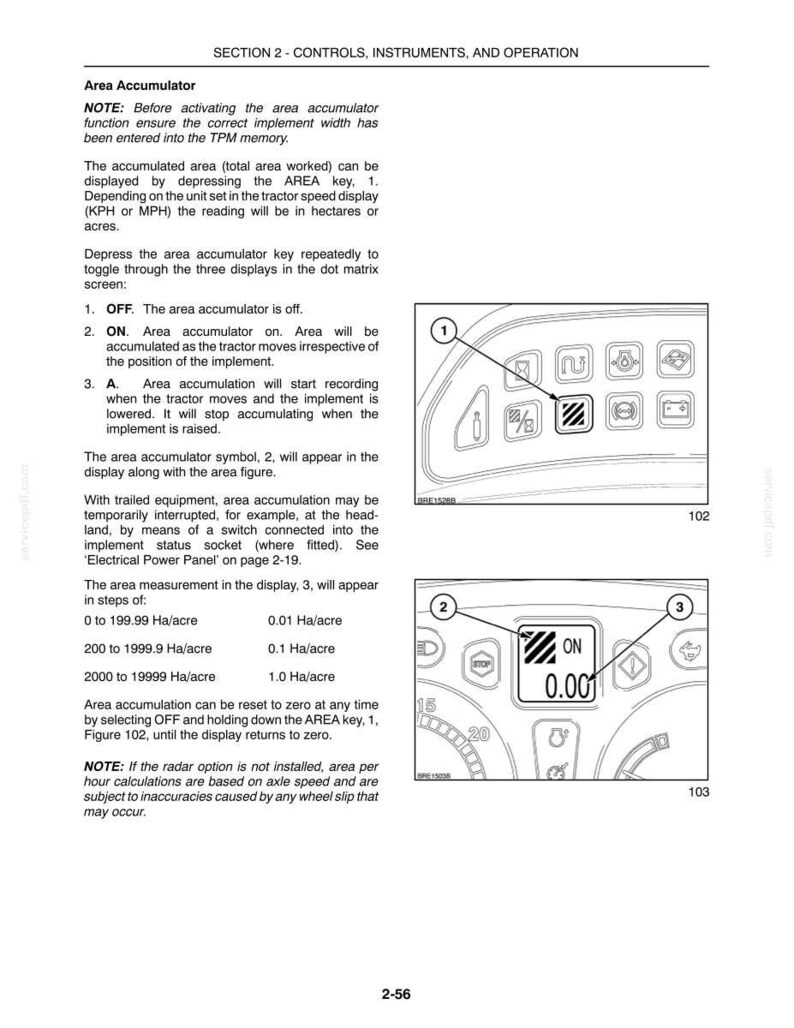 May include: A technical manual page titled SECTION 2 - CONTROLS, INSTRUMENTS, AND OPERATION, detailing the Area Accumulator function. It includes two diagrams showing a control panel button labelled 1 and a digital display labelled 2 and 3.