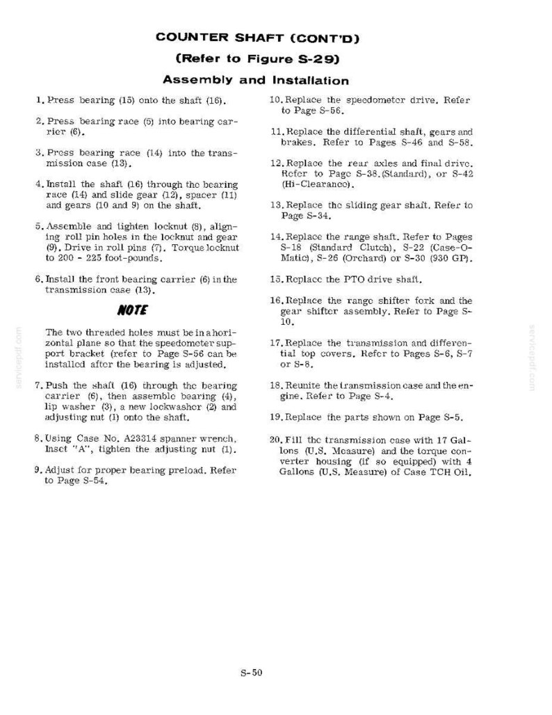 May include: A page from a manual detailing the assembly and installation of a counter shaft. The text includes numbered steps, references to figures, and notes on specific procedures. The page is labeled S-50.
