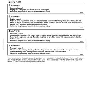 May include: A page from a manual titled "5 - TRANSPORT OPERATIONS" with safety warnings. The text includes warnings about crushing, driving, and transport hazards, with instructions and safety guidelines for road transport.