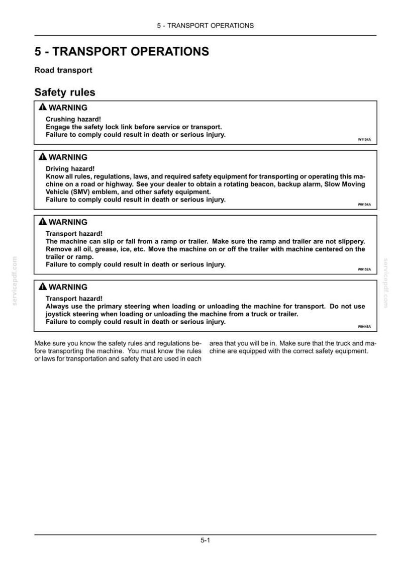 May include: A page from a manual titled "5 - TRANSPORT OPERATIONS" with safety warnings. The text includes warnings about crushing, driving, and transport hazards, with instructions and safety guidelines for road transport.