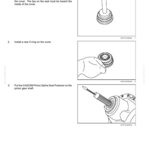 May include: Diagram of rear axle differential installation. Instructions include using a seal driver, installing an O-ring, and putting a seal protector on the pinion gear shaft. Text includes part numbers and installation steps.