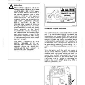Puede incluir: Una p&aacute;gina del manual de instrucciones de New Holland para equipos W50TC y W80TC, que detalla las instrucciones del acoplador r&aacute;pido de herramientas. Incluye una etiqueta de advertencia sobre riesgos de fallo y un diagrama etiquetado como Fig. 1.
