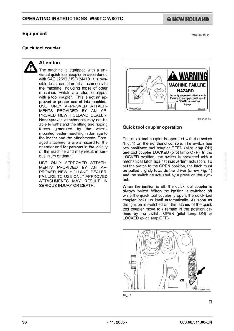 Puede incluir: Una p&aacute;gina del manual de instrucciones de New Holland para equipos W50TC y W80TC, que detalla las instrucciones del acoplador r&aacute;pido de herramientas. Incluye una etiqueta de advertencia sobre riesgos de fallo y un diagrama etiquetado como Fig. 1.
