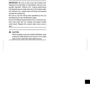 May include: Page from a manual with the title "Coolant water" and instructions on adding Long Life Coolant Antifreeze (LLC) to soft water to prevent rust and freezing. Includes a caution about handling the antifreeze.