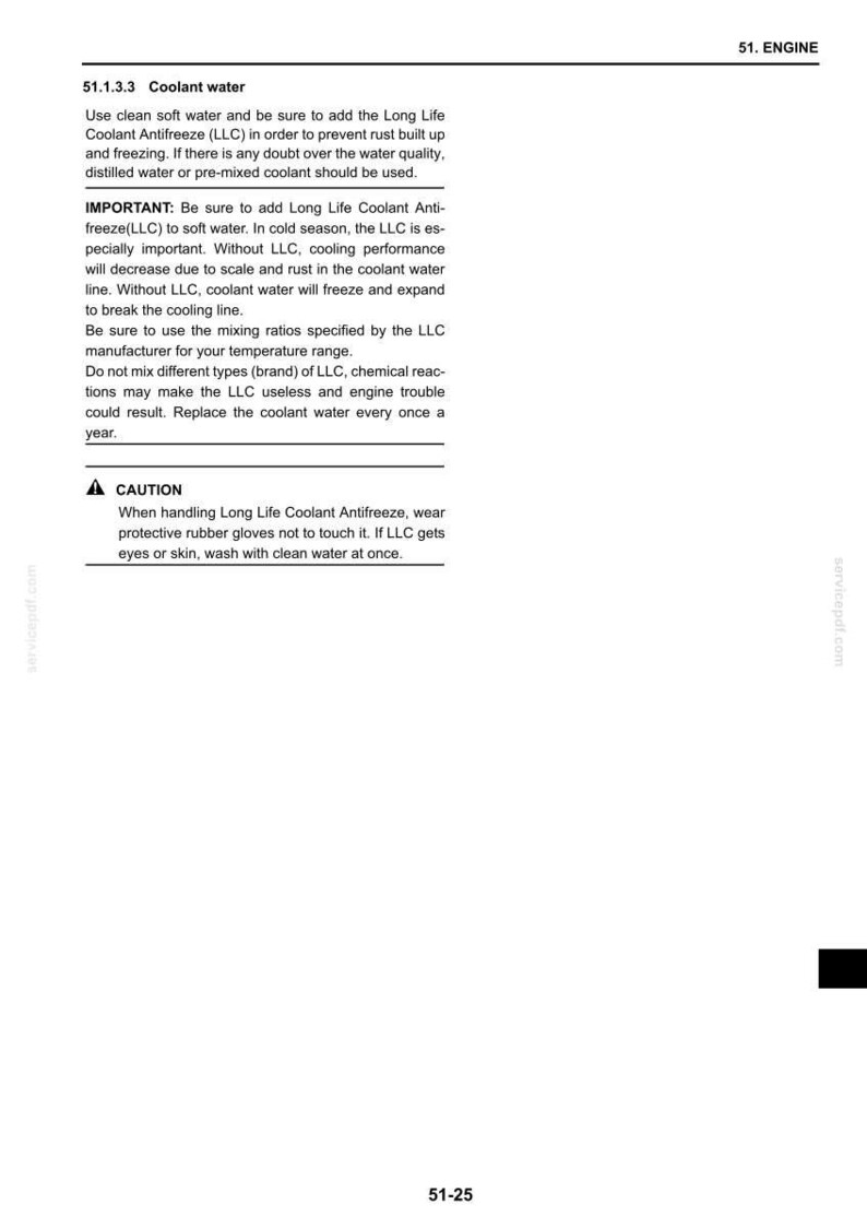 May include: Page from a manual with the title "Coolant water" and instructions on adding Long Life Coolant Antifreeze (LLC) to soft water to prevent rust and freezing. Includes a caution about handling the antifreeze.
