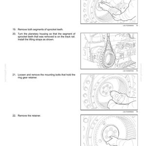 May include: Diagrams illustrating steps for removing and installing components of a rear axle system. The images show detailed mechanical parts, including gears, shafts, and retainers, with instructions for disassembly and reassembly.
