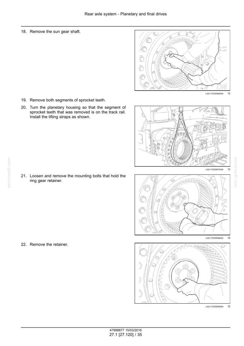 May include: Diagrams illustrating steps for removing and installing components of a rear axle system. The images show detailed mechanical parts, including gears, shafts, and retainers, with instructions for disassembly and reassembly.