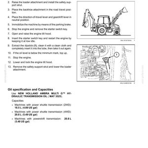 Puede incluir: Una p&aacute;gina de manual t&eacute;cnico titulada 7-MAINTENANCE que detalla los procedimientos de nivel de aceite de transmisi&oacute;n para una retroexcavadora. Incluye instrucciones numeradas, un dibujo lineal de la m&aacute;quina y un diagrama de la varilla de medici&oacute;n etiquetada con el n&uacute;mero 1.