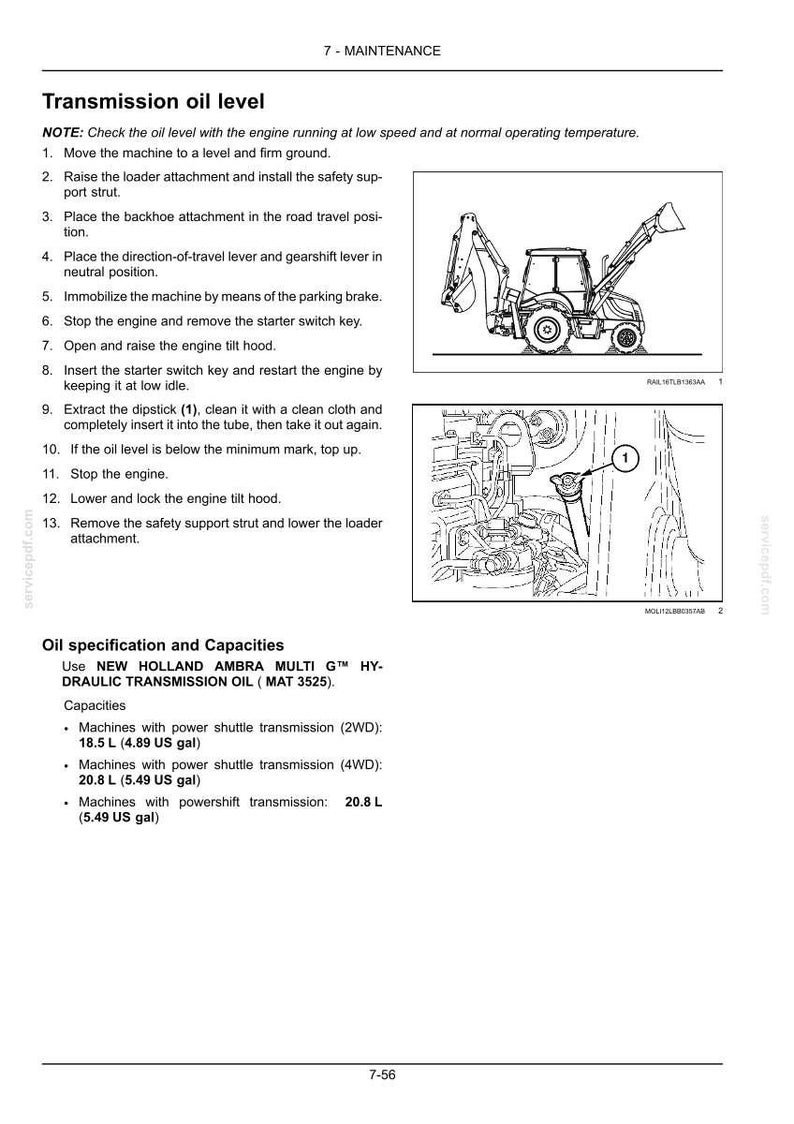 Puede incluir: Una p&aacute;gina de manual t&eacute;cnico titulada 7-MAINTENANCE que detalla los procedimientos de nivel de aceite de transmisi&oacute;n para una retroexcavadora. Incluye instrucciones numeradas, un dibujo lineal de la m&aacute;quina y un diagrama de la varilla de medici&oacute;n etiquetada con el n&uacute;mero 1.
