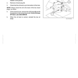 May include: Diagram of a machine's main gearbox and drive, detailing oil level check instructions. Includes numbered steps and a labeled diagram with plug locations. Text includes "MegaCutter 512" and oil specifications.