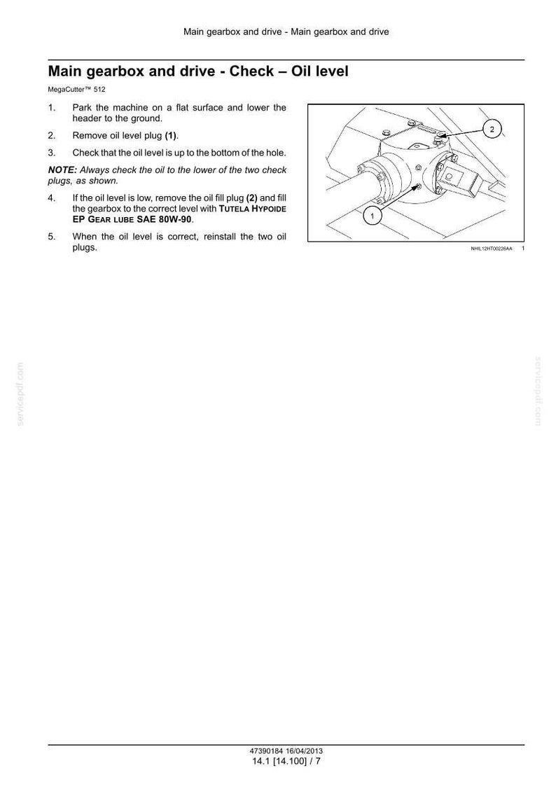 May include: Diagram of a machine's main gearbox and drive, detailing oil level check instructions. Includes numbered steps and a labeled diagram with plug locations. Text includes "MegaCutter 512" and oil specifications.