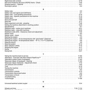 May include: A black and white index page from a technical manual, listing topics alphabetically from R to W. Entries include Radiator, Safety rules, Steering system, Telematics, Transmission, Universal backhoe bucket coupler, and Wheels and tires.