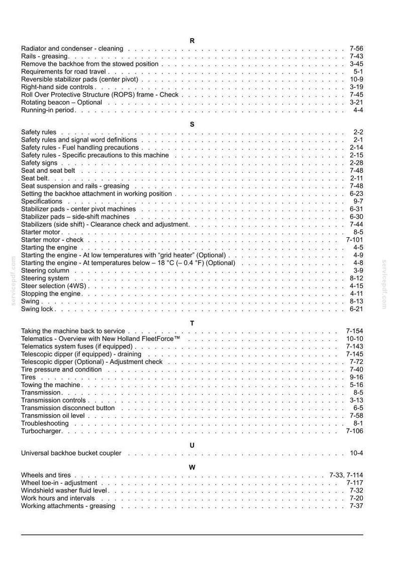 May include: A black and white index page from a technical manual, listing topics alphabetically from R to W. Entries include Radiator, Safety rules, Steering system, Telematics, Transmission, Universal backhoe bucket coupler, and Wheels and tires.