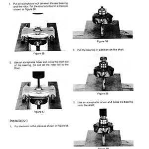 May include: A technical diagram illustrating the removal and installation of a rear bearing. The image includes step-by-step instructions with accompanying figures, showing tools and components used in the process. Text includes "Rear Bearing Removal" and "Installation".