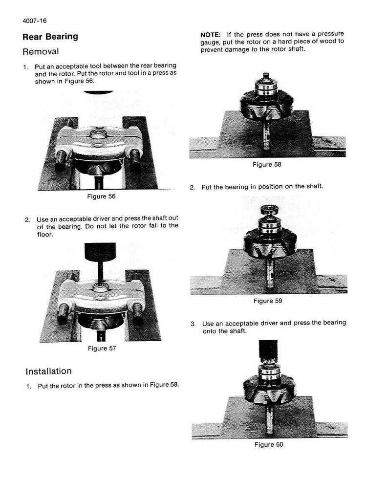 May include: A technical diagram illustrating the removal and installation of a rear bearing. The image includes step-by-step instructions with accompanying figures, showing tools and components used in the process. Text includes "Rear Bearing Removal" and "Installation".