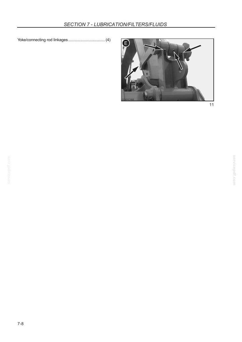 May include: Diagram of machinery components, including a yoke and connecting rod linkages, with arrows pointing to specific parts. The image is a technical illustration from a service manual, labeled "SECTION 7 - LUBRICATION/FILTERS/FLUIDS."
