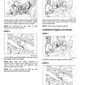 May include: Diagram of engine components with instructions for filter screen maintenance. Steps include locating the supply line, removing the filter screen with pliers, and installing a new screen. Text and arrows indicate the process.