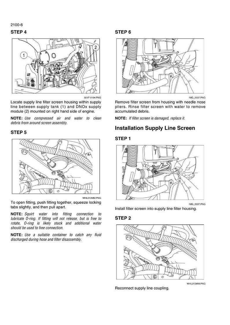 May include: Diagram of engine components with instructions for filter screen maintenance. Steps include locating the supply line, removing the filter screen with pliers, and installing a new screen. Text and arrows indicate the process.