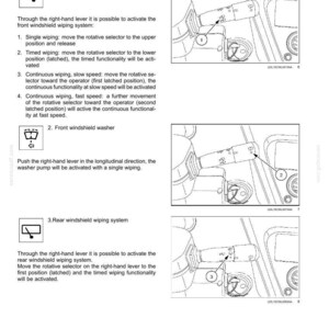 Peut inclure: Une page de manuel technique intitul&eacute;e 3 - CONTROLS AND INSTRUMENTS pr&eacute;sentant des sch&eacute;mas du levier droit d'un v&eacute;hicule. Le texte explique comment activer le syst&egrave;me d'essuie-glace avant, le lave-glace avant et le syst&egrave;me d'essuie-glace arri&egrave;re.