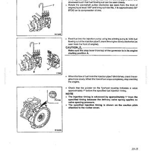 May include: A technical manual page numbered 13, featuring three black and white line drawings of an engine fuel injection system. The diagrams illustrate injection pipe 7, priming pump 8, and a flywheel housing with a pointer, accompanied by text.