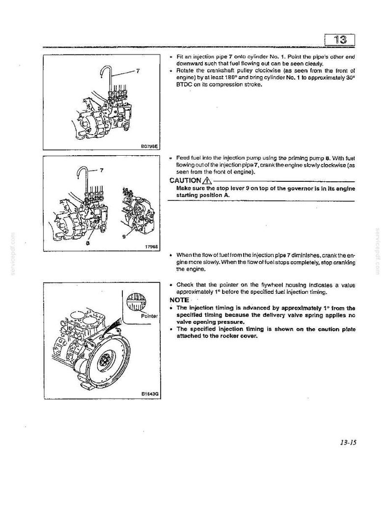 May include: A technical manual page numbered 13, featuring three black and white line drawings of an engine fuel injection system. The diagrams illustrate injection pipe 7, priming pump 8, and a flywheel housing with a pointer, accompanied by text.
