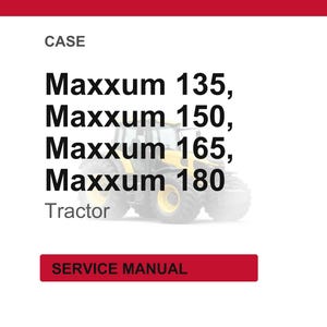 May include: White background with red header and footer. The text reads "CASE" and lists "Maxxum 135, Maxxum 150, Maxxum 165, Maxxum 180" with a tractor image. Below the tractor image, the text reads "Tractor". A red rectangle at the bottom reads "SERVICE MANUAL".