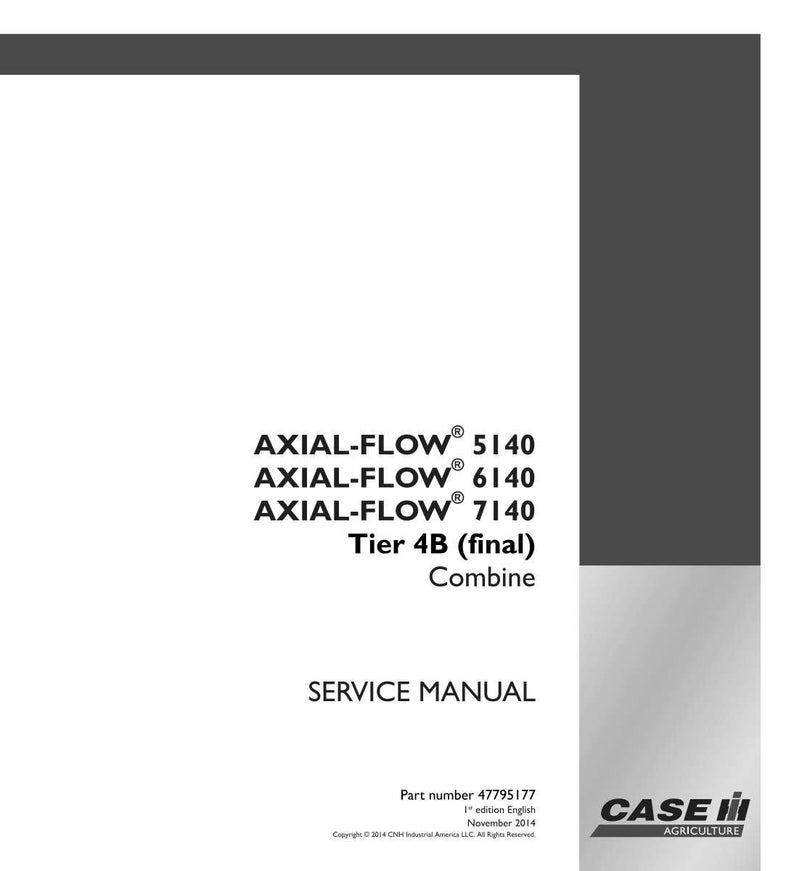 May include: A white service manual with the text "AXIAL-FLOW 5140, 6140, 7140" and "Tier 4B (final) Combine". The manual also includes the text "SERVICE MANUAL" and the Case IH Agriculture logo.