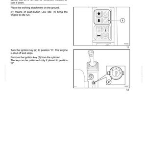 May include: Diagram from a manual showing engine shut off instructions. Includes a warning, steps, and illustrations of control panel buttons and ignition key positions. Text includes "ENGINE SHUT OFF" and "WARNING".