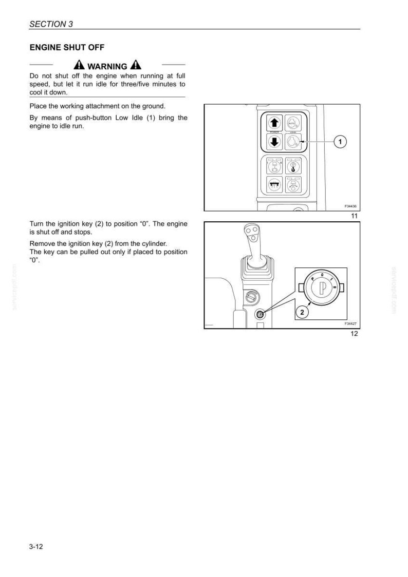 May include: Diagram from a manual showing engine shut off instructions. Includes a warning, steps, and illustrations of control panel buttons and ignition key positions. Text includes "ENGINE SHUT OFF" and "WARNING".